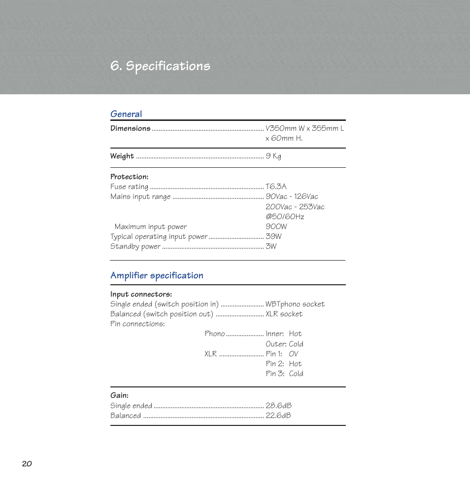 Specifications | Linn 500 Solo User Manual | Page 28 / 33