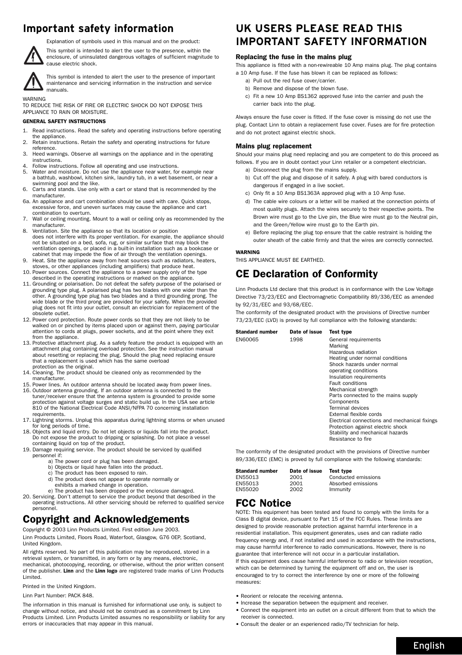Important safety information, Copyright and acknowledgements, Ce declaration of conformity | Fcc notice, English | Linn 328A User Manual | Page 2 / 8