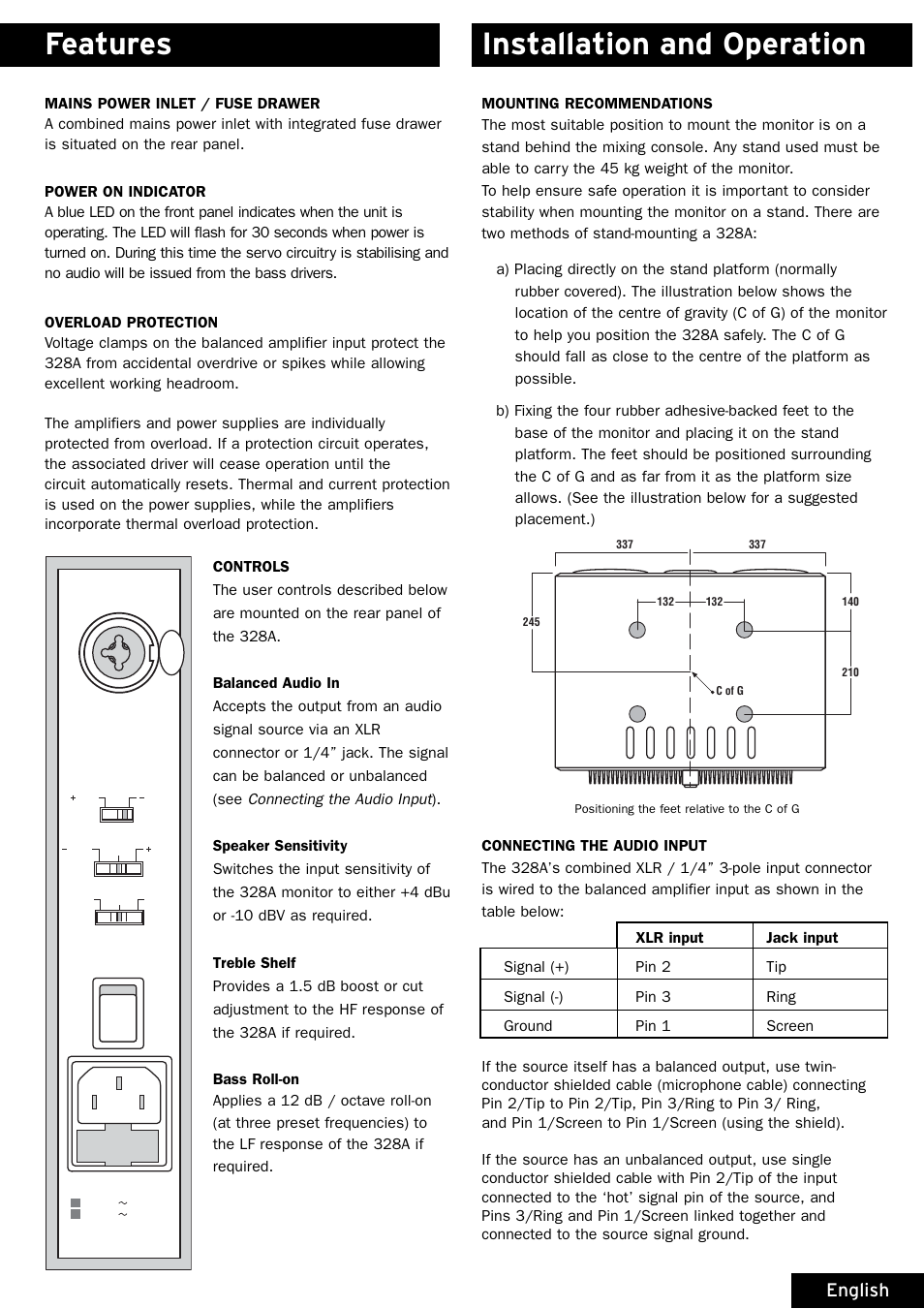 Features, Installation and operation, English | Linn 328A User Manual | Page 5 / 8