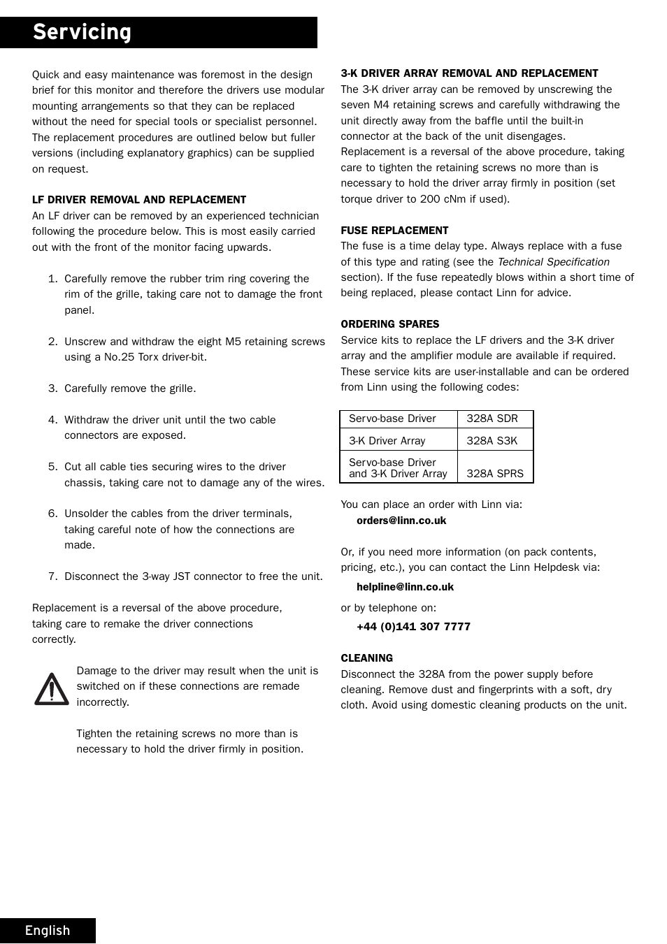Installation & operation, Servicing | Linn 328A User Manual | Page 6 / 8