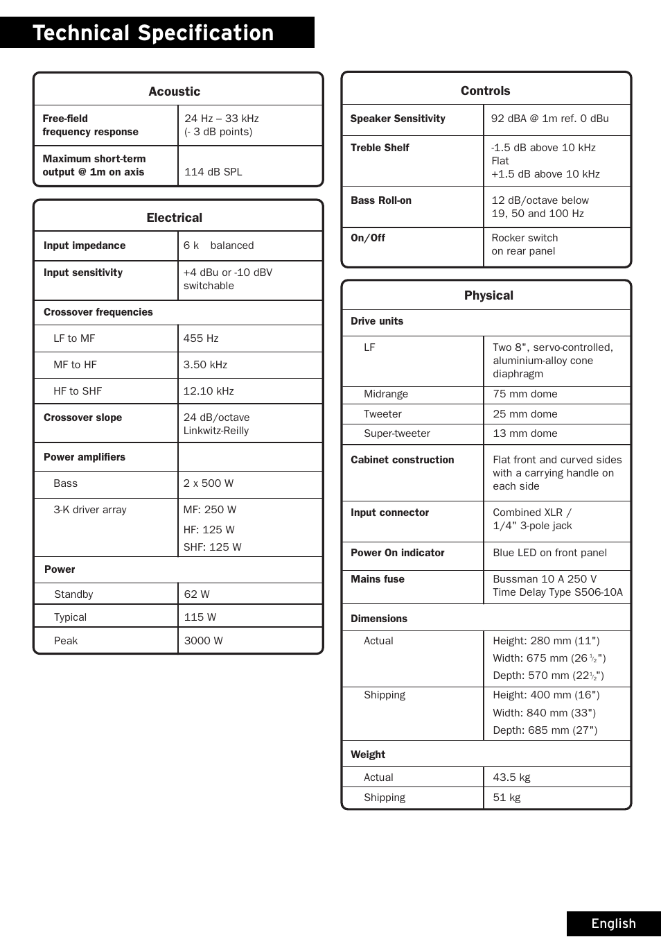 Technical specification, Acoustic electrical, Controls physical | English | Linn 328A User Manual | Page 7 / 8