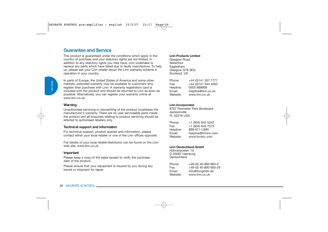 Guarantee and service | Linn PRE- AMPLIFIER User Manual | Page 34 / 36