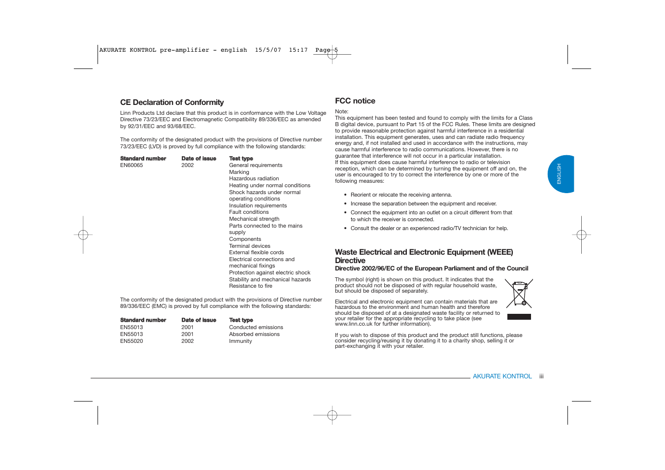 Ce declaration of conformity, Fcc notice | Linn PRE- AMPLIFIER User Manual | Page 5 / 36