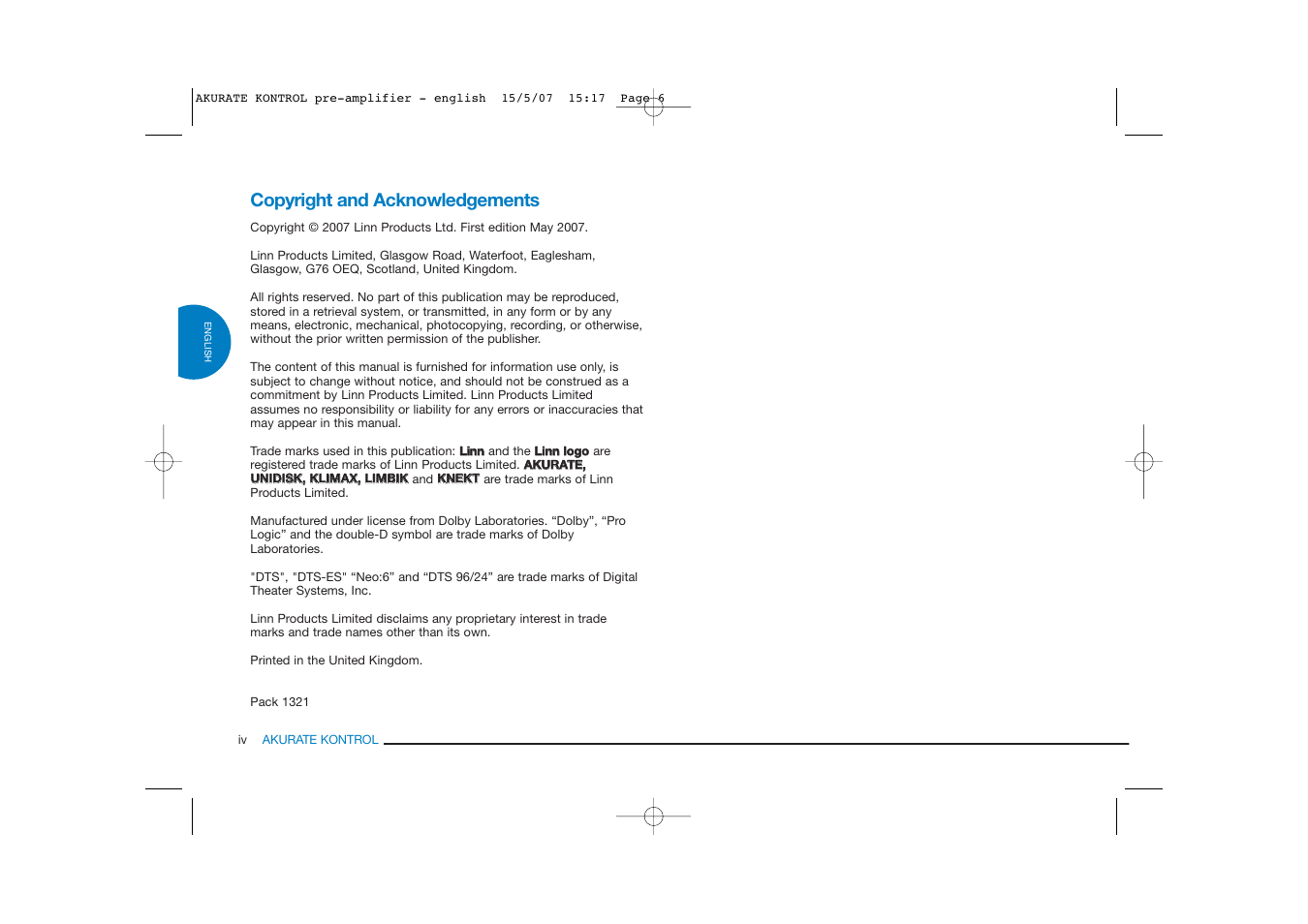 Copyright and acknowledgements | Linn PRE- AMPLIFIER User Manual | Page 6 / 36