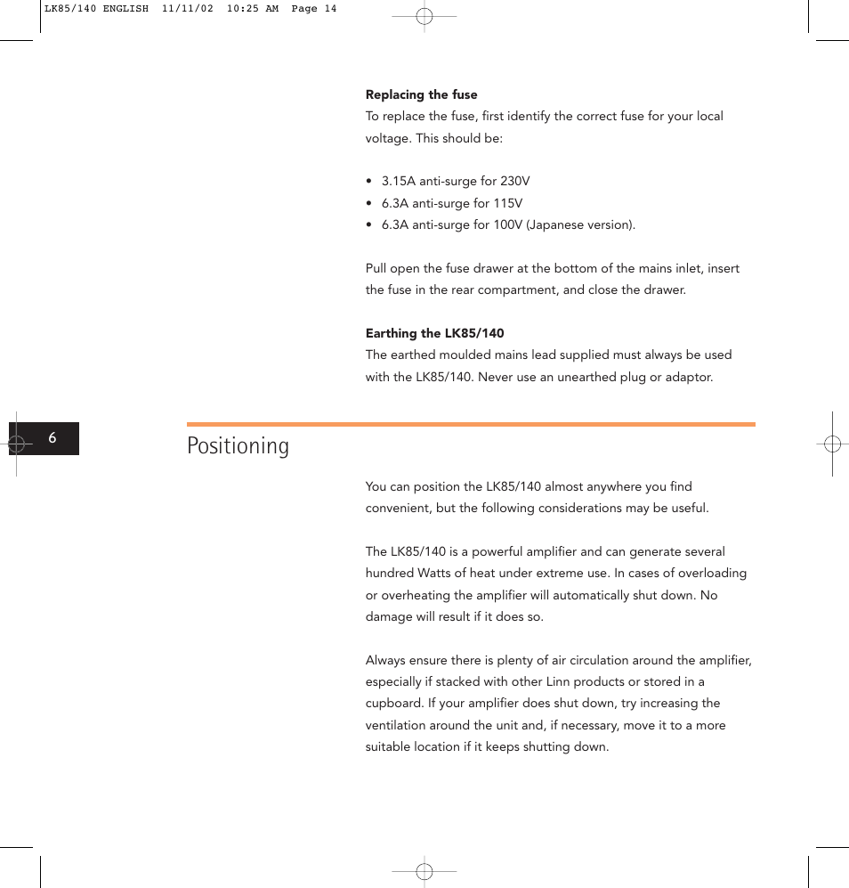 Positioning | Linn LK85 User Manual | Page 14 / 24