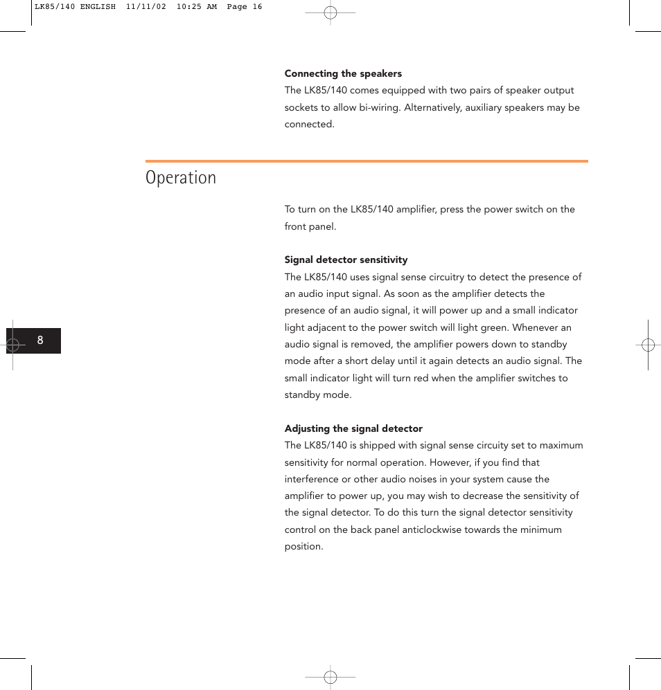 Operation | Linn LK85 User Manual | Page 16 / 24