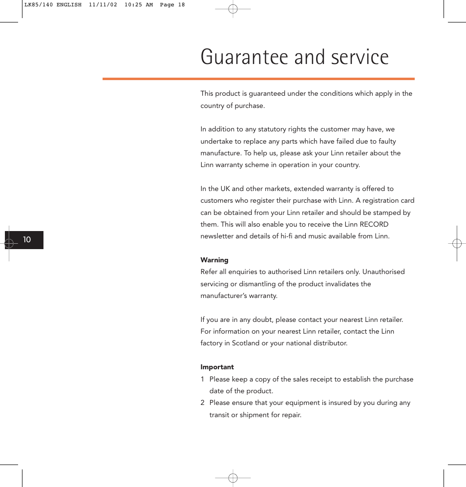 Guarantee and service | Linn LK85 User Manual | Page 18 / 24