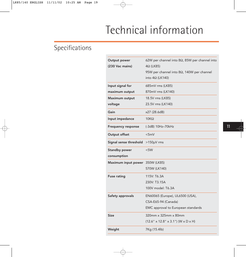 Technical information, Specifications | Linn LK85 User Manual | Page 19 / 24