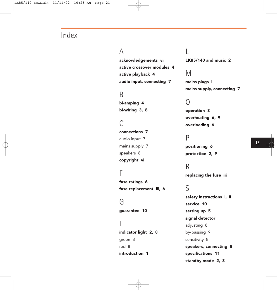 Index l | Linn LK85 User Manual | Page 21 / 24