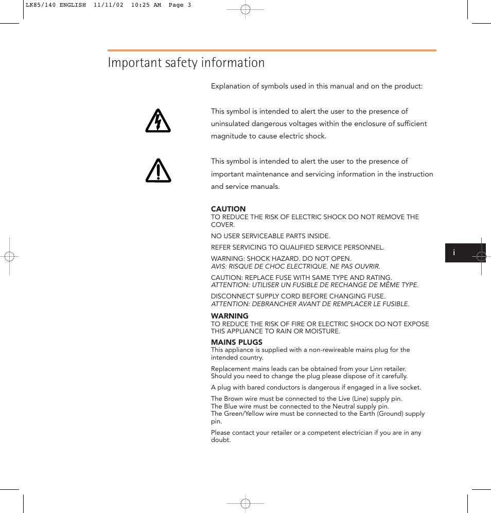 Important safety information | Linn LK85 User Manual | Page 3 / 24