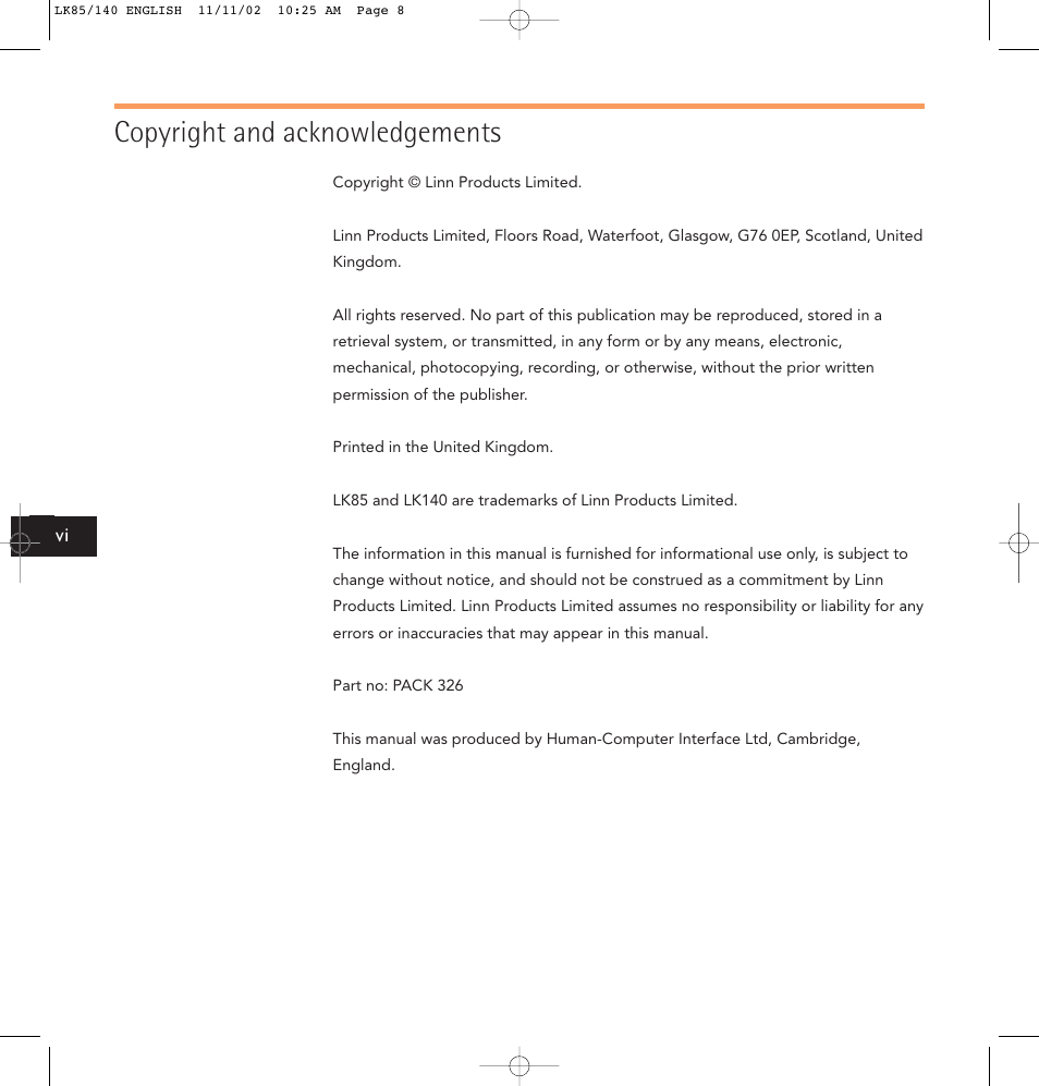 Copyright and acknowledgements | Linn LK85 User Manual | Page 8 / 24