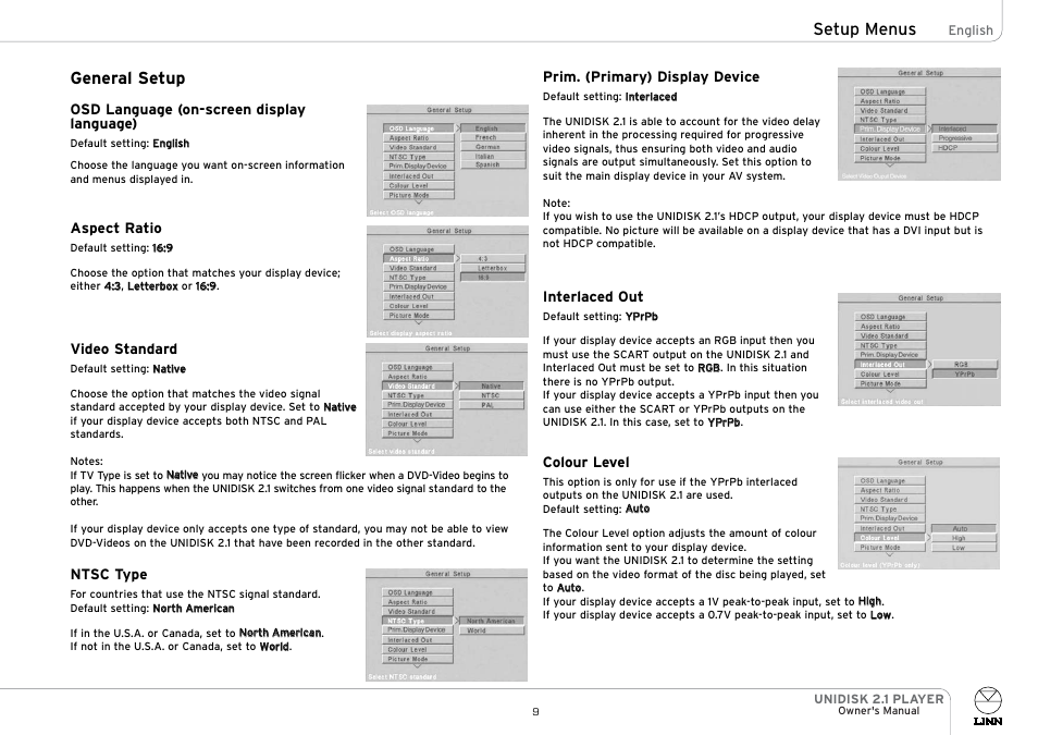 General setup, Setup menus | Linn UNIDISK 2.1 PLAYER User Manual | Page 14 / 30