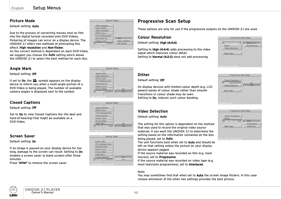 Progressive scan setup, Setup menus | Linn UNIDISK 2.1 PLAYER User Manual | Page 15 / 30