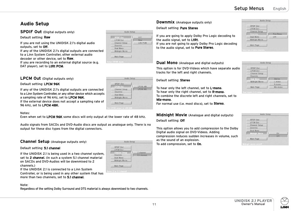 Audio setup, Setup menus | Linn UNIDISK 2.1 PLAYER User Manual | Page 16 / 30