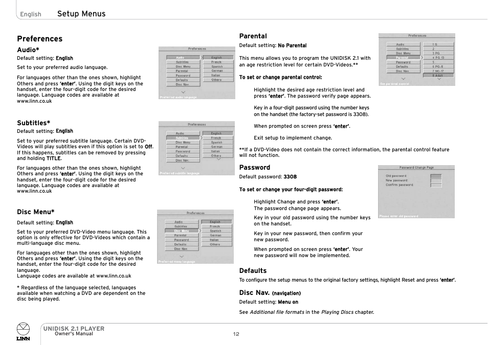 Preferences, Setup menus | Linn UNIDISK 2.1 PLAYER User Manual | Page 17 / 30