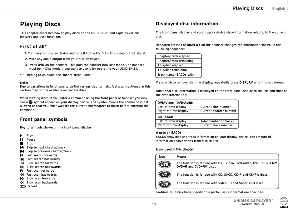 Playing discs, First of all, Front panel symbols | Displayed disc information | Linn UNIDISK 2.1 PLAYER User Manual | Page 18 / 30