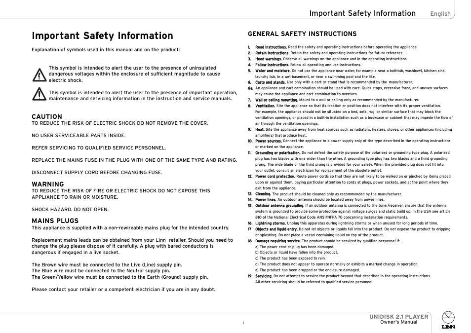 Important safety information, Caution, Warning | Mains plugs, General safety instructions, English, Unidisk 2.1 player | Linn UNIDISK 2.1 PLAYER User Manual | Page 2 / 30