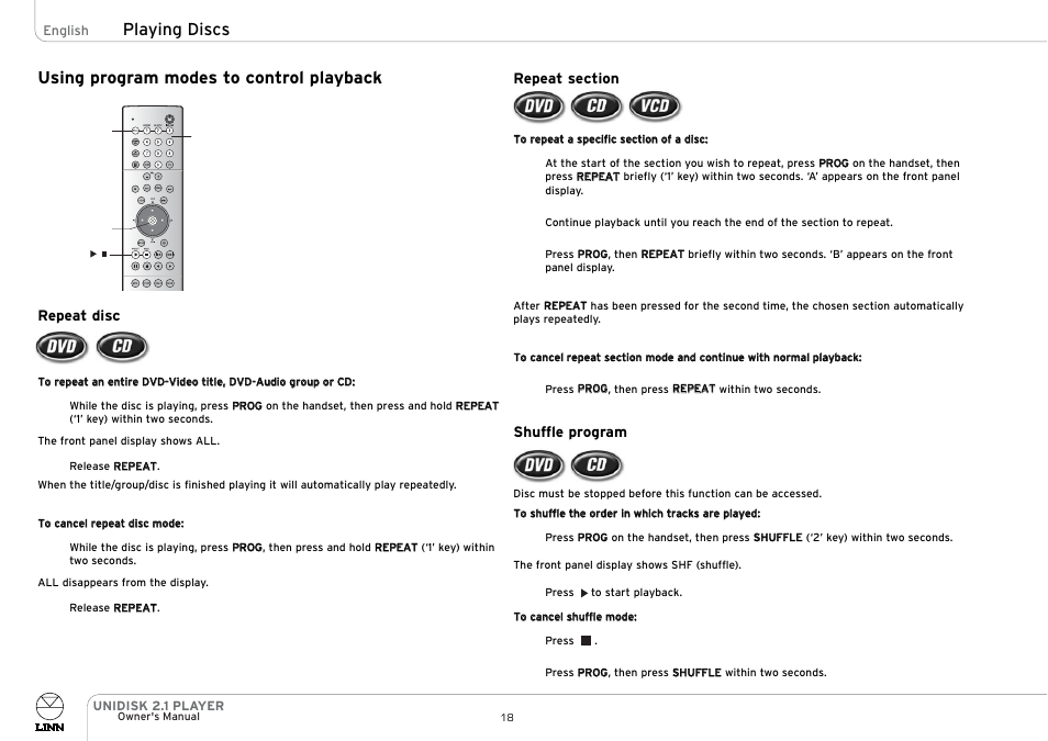 Using program modes to control playback, Playing discs | Linn UNIDISK 2.1 PLAYER User Manual | Page 23 / 30