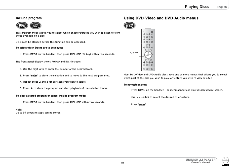 Playing discs using dvd-video and dvd-audio menus | Linn UNIDISK 2.1 PLAYER User Manual | Page 24 / 30