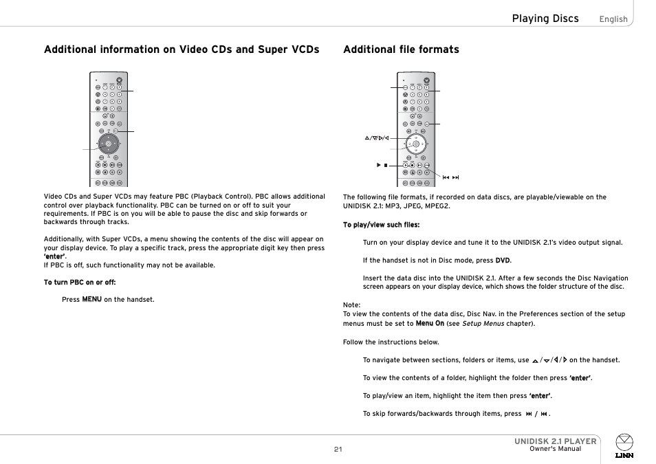Additional information on video cds and super vcds, Playing discs, Additional file formats | Linn UNIDISK 2.1 PLAYER User Manual | Page 26 / 30