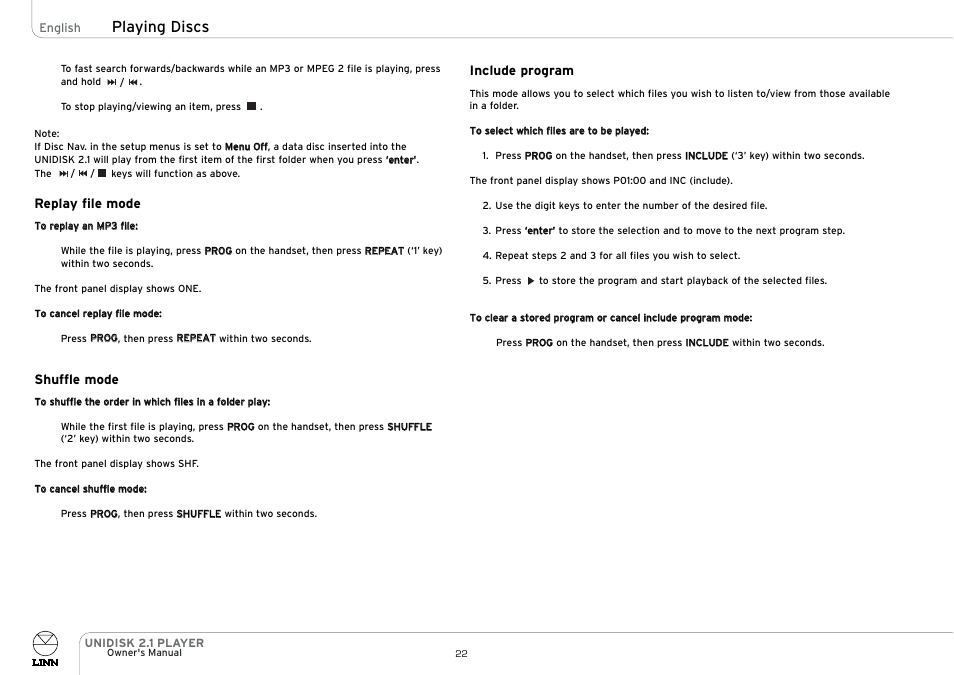Playing discs | Linn UNIDISK 2.1 PLAYER User Manual | Page 27 / 30
