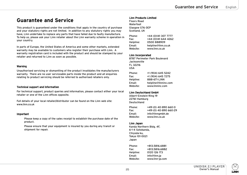 Guarantee and service | Linn UNIDISK 2.1 PLAYER User Manual | Page 30 / 30