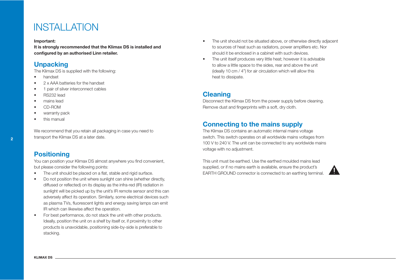 Installation, Unpacking, Positioning | Cleaning, Connecting to the mains supply | Linn Klimax DS User Manual | Page 10 / 18