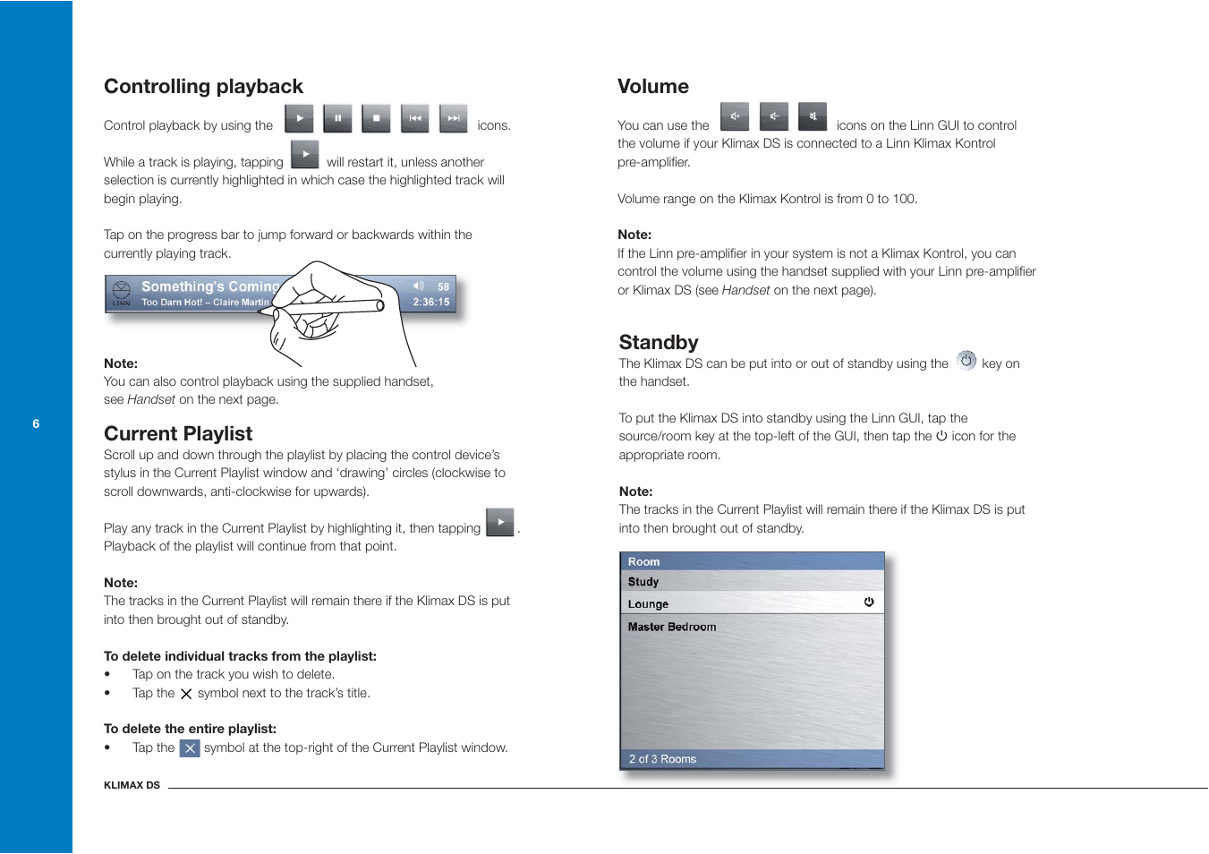 Volume, Standby, Controlling playback | Current playlist | Linn Klimax DS User Manual | Page 14 / 18