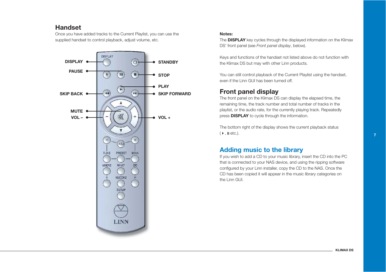 Handset, Front panel display, Adding music to the library | Linn Klimax DS User Manual | Page 15 / 18