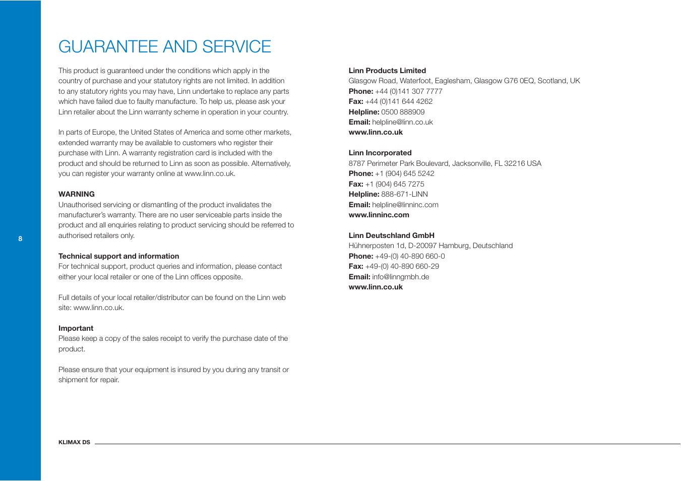 Guarantee and service | Linn Klimax DS User Manual | Page 16 / 18