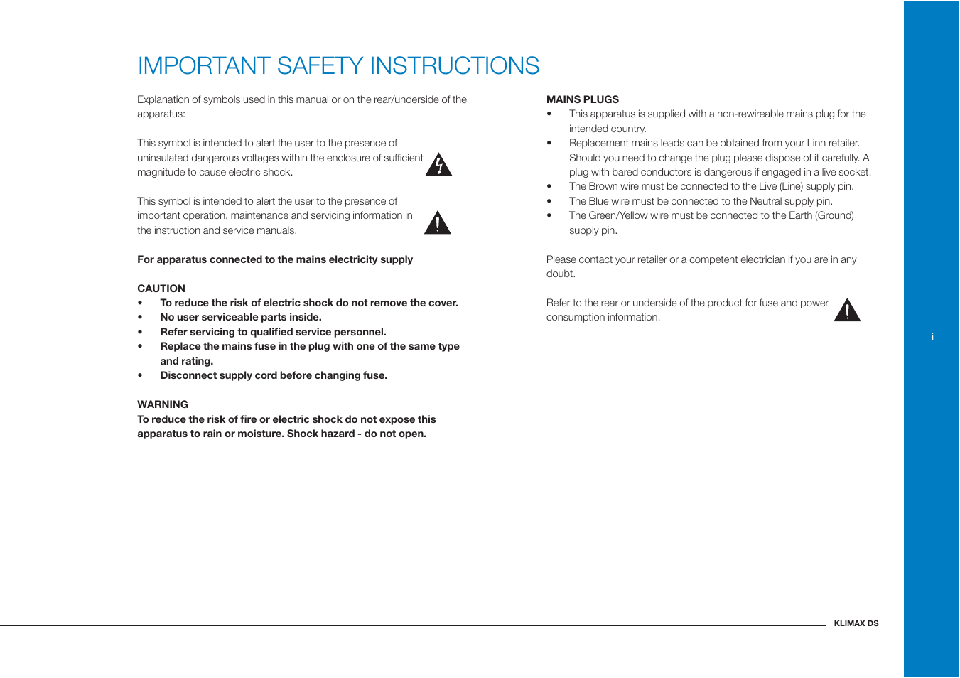 Important safety instructions | Linn Klimax DS User Manual | Page 3 / 18