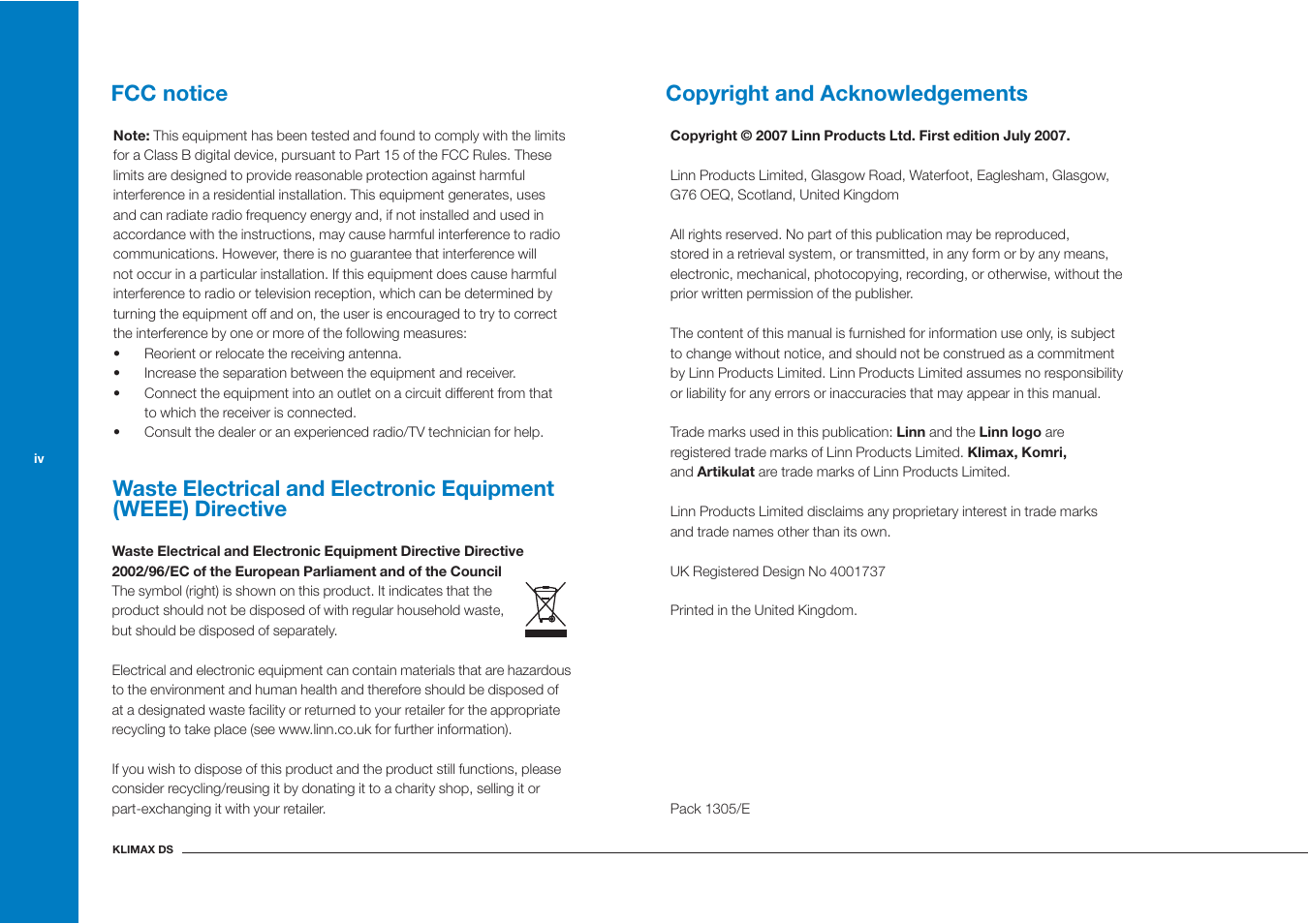 Copyright and acknowledgements | Linn Klimax DS User Manual | Page 6 / 18