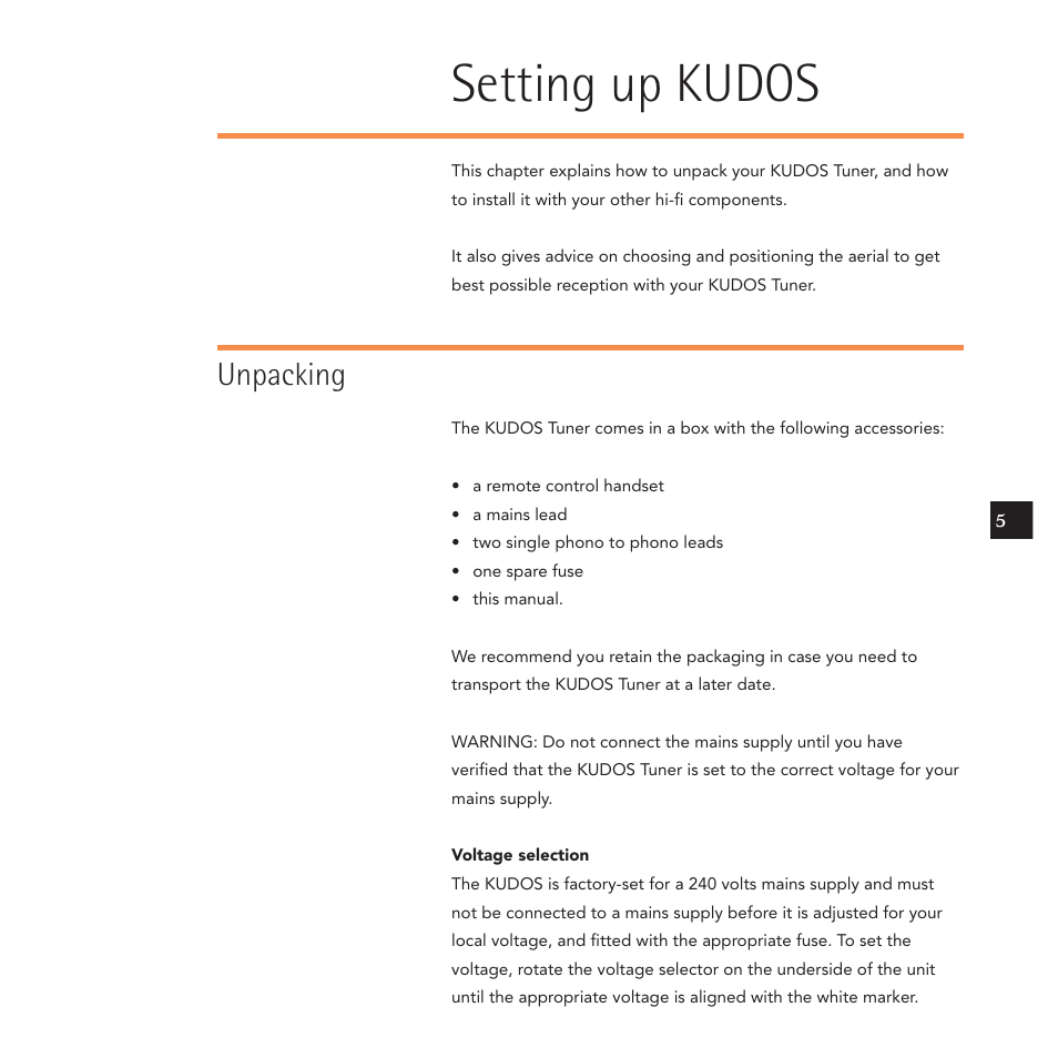 Setting up kudos, Unpacking | Linn Kudos User Manual | Page 12 / 48