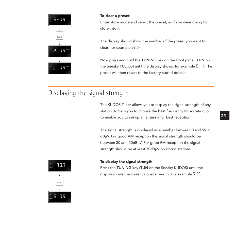 Displaying the signal strength, S t 1 4, P 1 4 | C 1 4, S 7 5 | Linn Kudos User Manual | Page 30 / 48