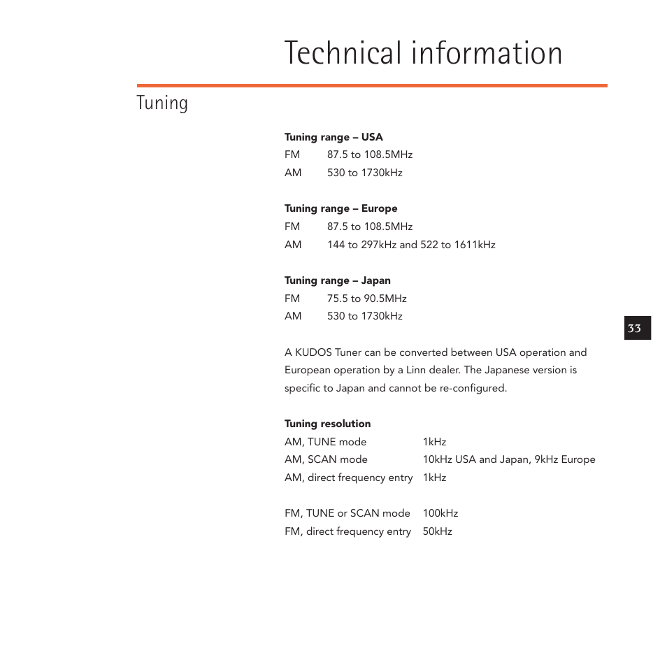 Technical information, Tuning | Linn Kudos User Manual | Page 40 / 48