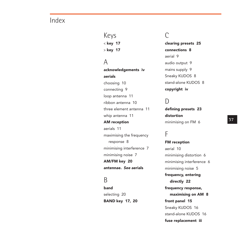 Keys, Index c | Linn Kudos User Manual | Page 44 / 48