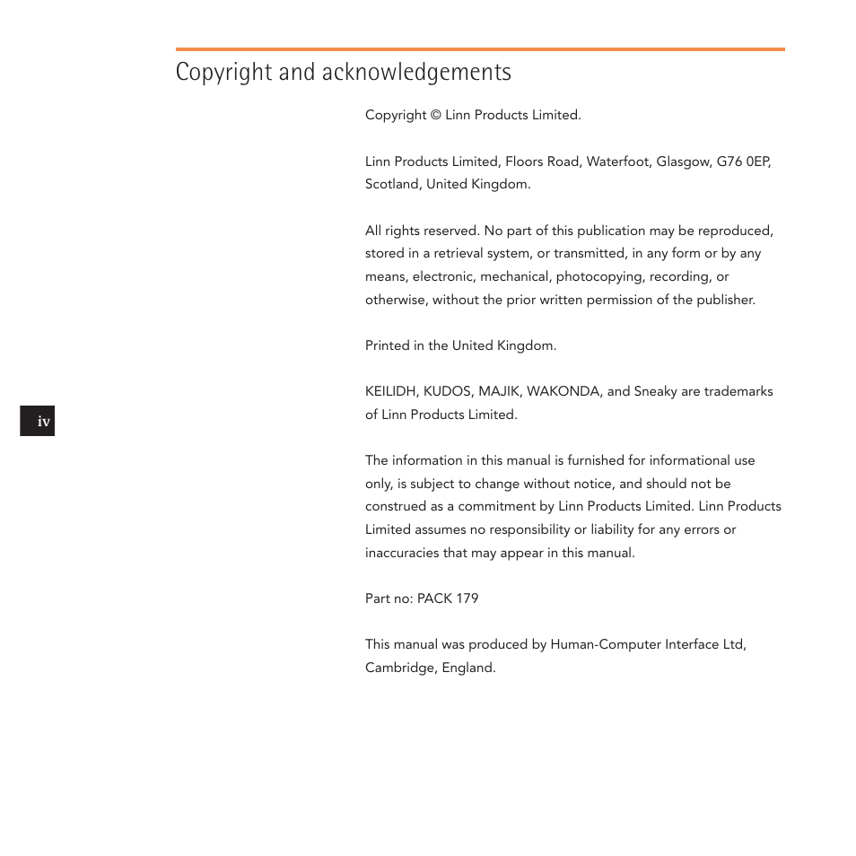 Copyright and acknowledgements | Linn Kudos User Manual | Page 5 / 48