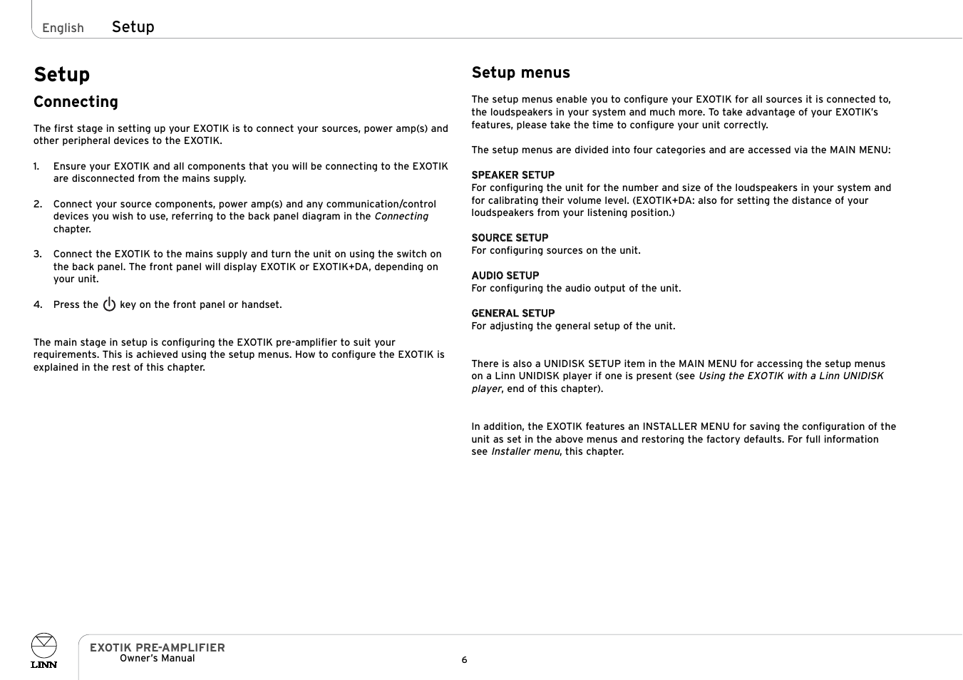 Setup, Connecting, Setup menus | Linn PRE- AMPLIFIER User Manual | Page 11 / 28