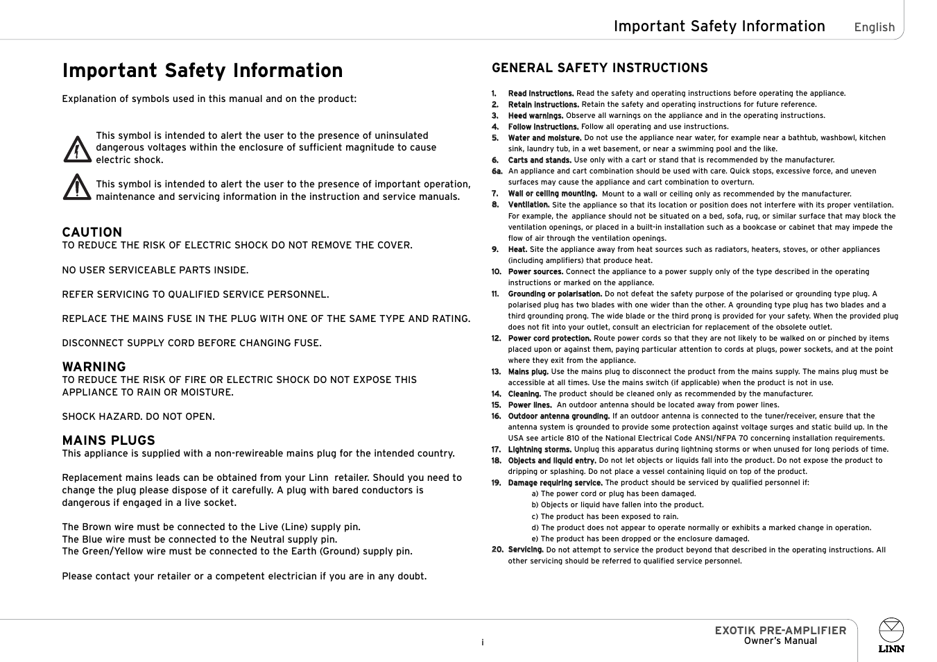 Important safety information, Caution, Warning | Mains plugs, General safety instructions, English, Exotik pre-amplifier | Linn PRE- AMPLIFIER User Manual | Page 2 / 28