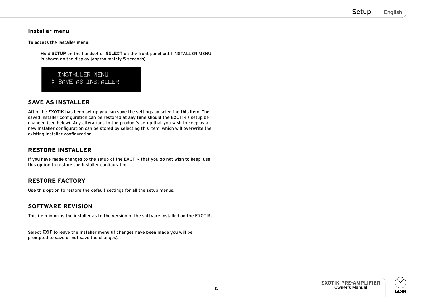 Setup | Linn PRE- AMPLIFIER User Manual | Page 20 / 28