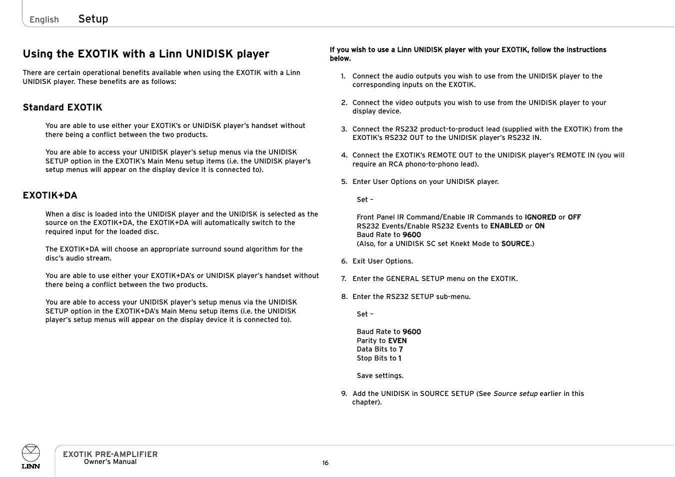 Using the exotik with a linn unidisk player, Setup | Linn PRE- AMPLIFIER User Manual | Page 21 / 28