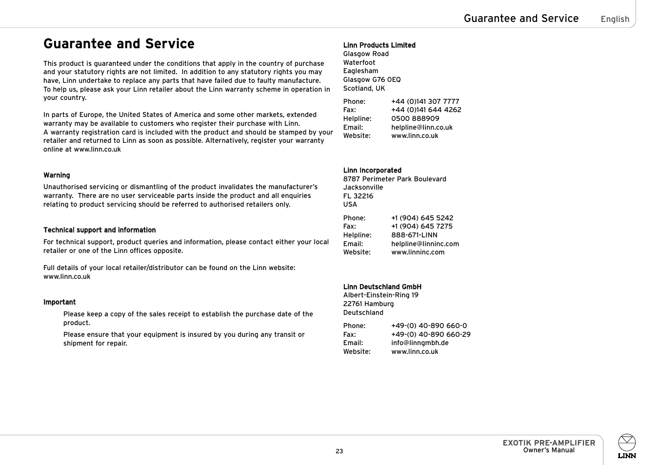 Guarantee and service | Linn PRE- AMPLIFIER User Manual | Page 28 / 28