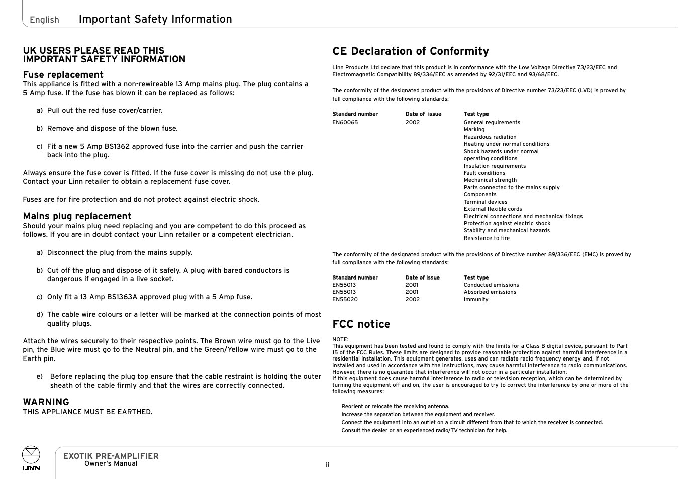 Ce declaration of conformity, Fcc notice, Important safety information | Mains plug replacement, Warning, English | Linn PRE- AMPLIFIER User Manual | Page 3 / 28