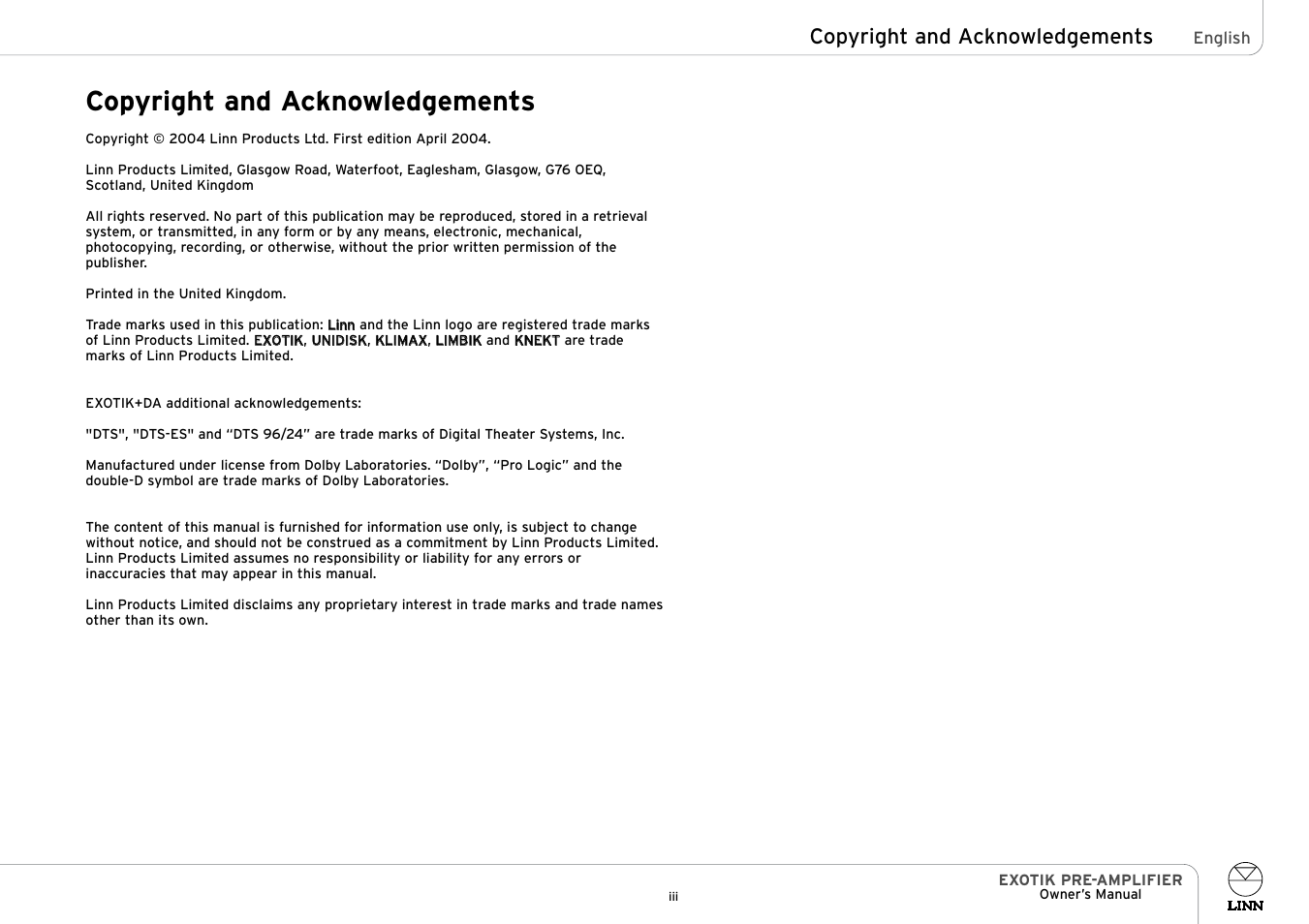 Copyright and acknowledgements | Linn PRE- AMPLIFIER User Manual | Page 4 / 28