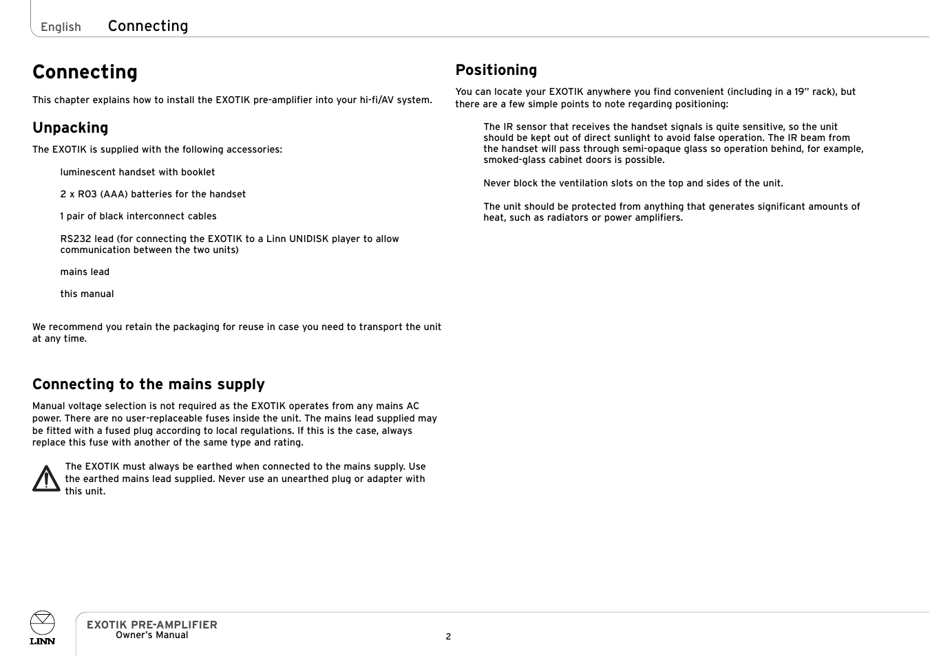 Connecting, Unpacking, Connecting to the mains supply | Positioning | Linn PRE- AMPLIFIER User Manual | Page 7 / 28