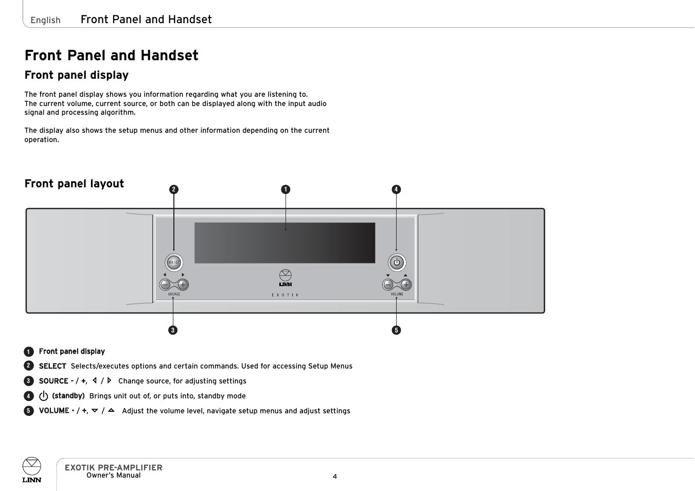 Front panel and handset, Front panel display, Front panel layout | Linn PRE- AMPLIFIER User Manual | Page 9 / 28