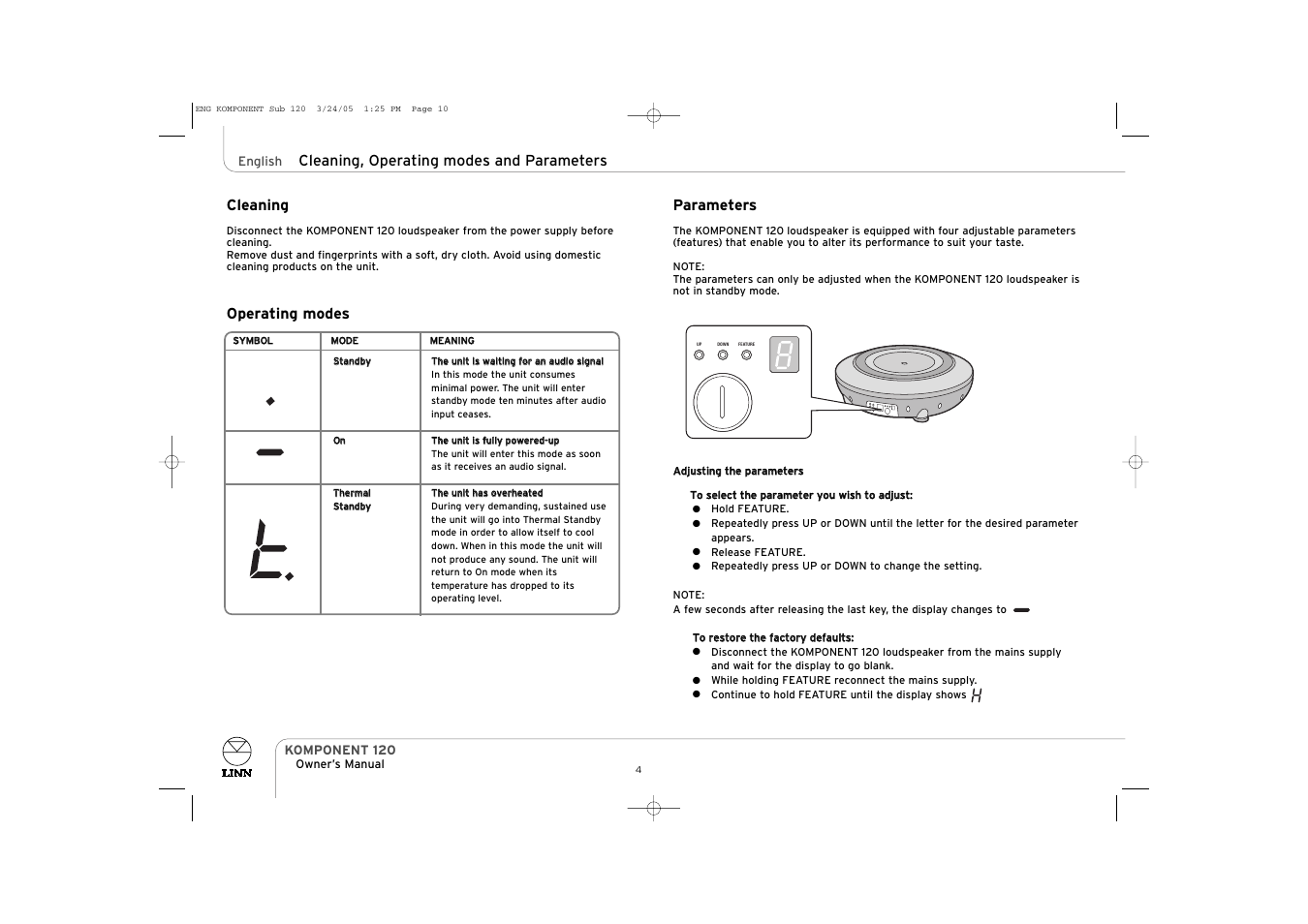 Cleaning, Operating modes, Parameters | Cleaning, operating modes and parameters | Linn KOMPONENT 120 User Manual | Page 10 / 14