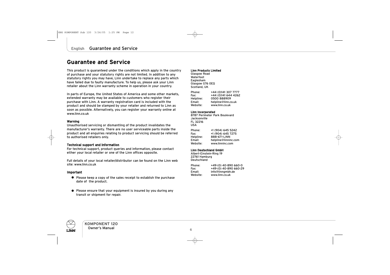 Guarantee and service | Linn KOMPONENT 120 User Manual | Page 12 / 14