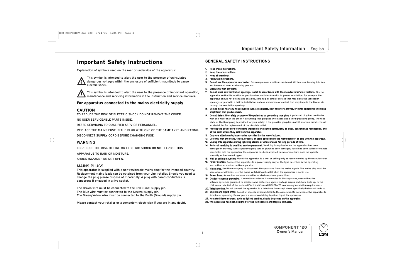 Important safety instructions, Important safety information, English | Warning, Mains plugs, General safety instructions, Komponent 120 | Linn KOMPONENT 120 User Manual | Page 3 / 14