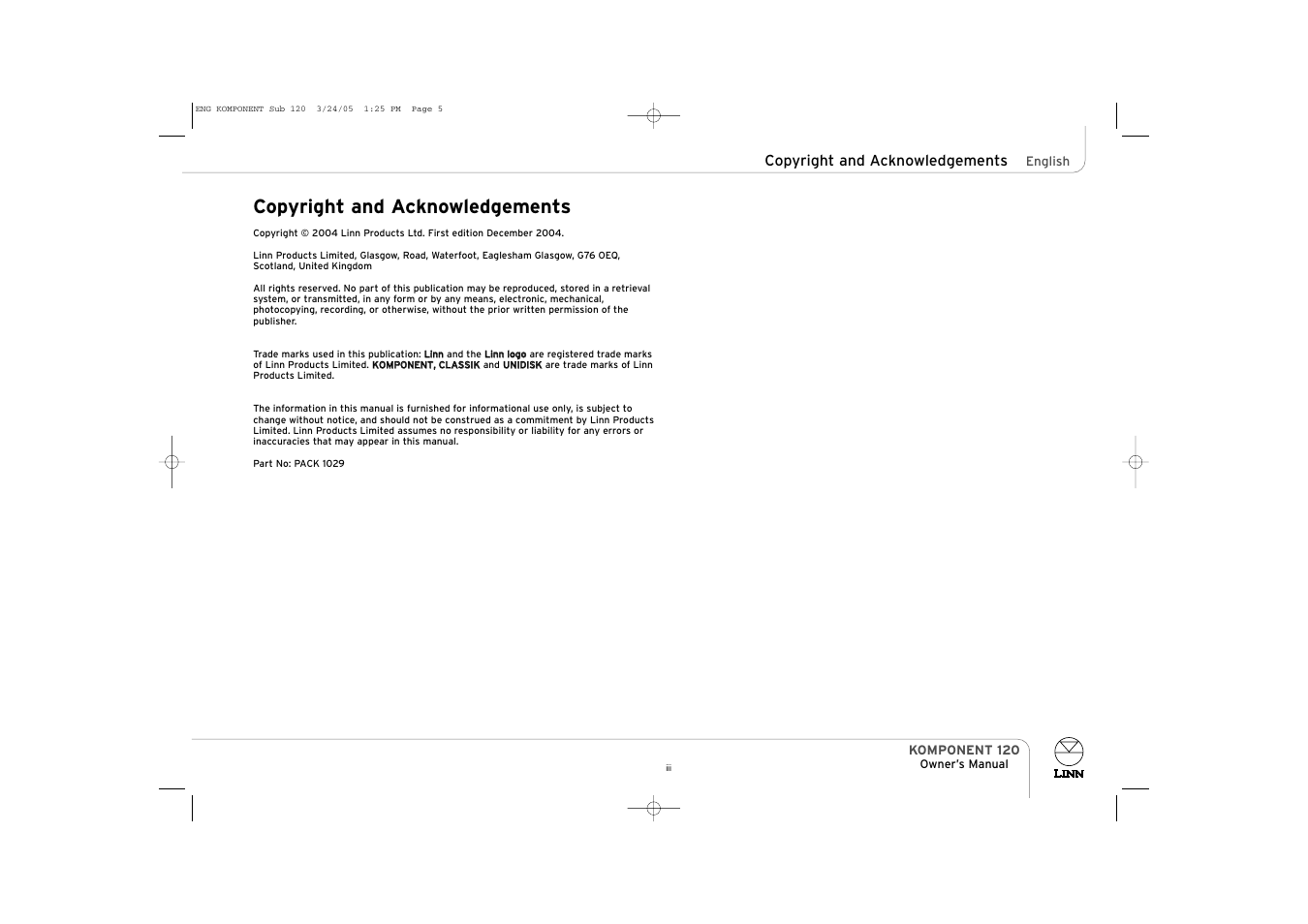 Copyright and acknowledgements | Linn KOMPONENT 120 User Manual | Page 5 / 14